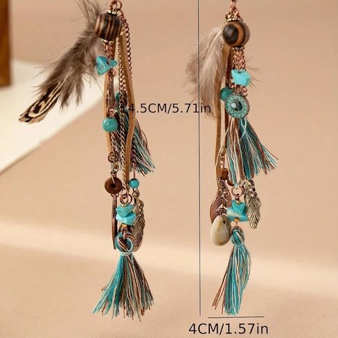 Boho Feather Tassel Earrings for Women, Turquoise Beaded Tribal Dangle Long Drop Earring Vintage Ethnic Shell Statement Jewelry Gift in Saudi Arabia