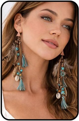 Boho Feather Tassel Earrings for Women, Turquoise Beaded Tribal Dangle Long Drop Earring Vintage Ethnic Shell Statement Jewelry Gift in Saudi Arabia
