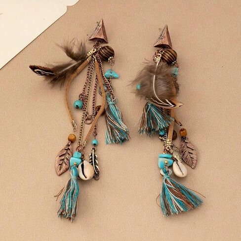 Boho Feather Tassel Earrings for Women, Turquoise Beaded Tribal Dangle Long Drop Earring Vintage Ethnic Shell Statement Jewelry Gift in Saudi Arabia