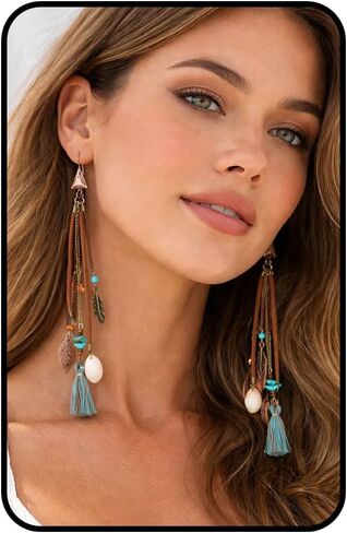 Boho Feather Tassel Earrings for Women, Turquoise Beaded Tribal Dangle Long Drop Earring Vintage Ethnic Shell Statement Jewelry Gift in Saudi Arabia