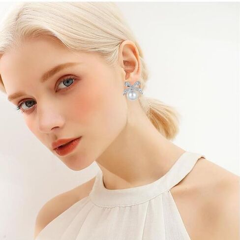 ONLYJUMP Sparkly Bow Earrings - Pearl & Crystal Rhinestone Tassel Dangling Earrings for Women in Saudi Arabia