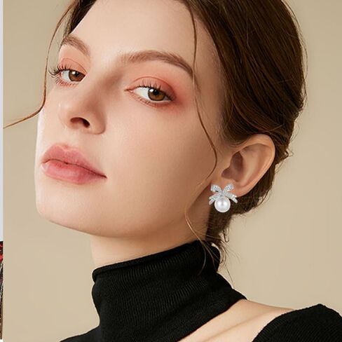 ONLYJUMP Sparkly Bow Earrings - Pearl & Crystal Rhinestone Tassel Dangling Earrings for Women in Saudi Arabia