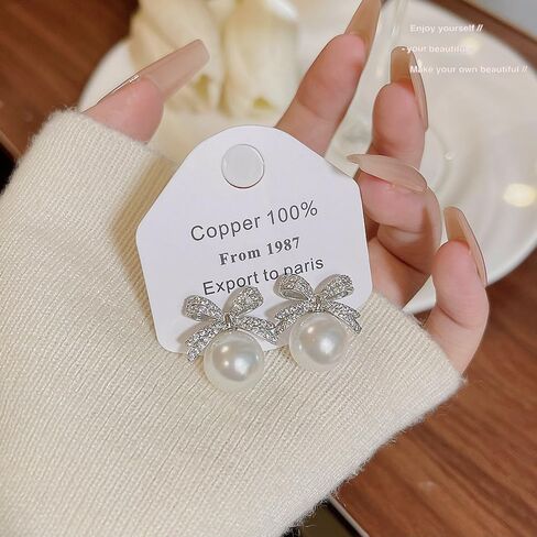 ONLYJUMP Sparkly Bow Earrings - Pearl & Crystal Rhinestone Tassel Dangling Earrings for Women in Saudi Arabia