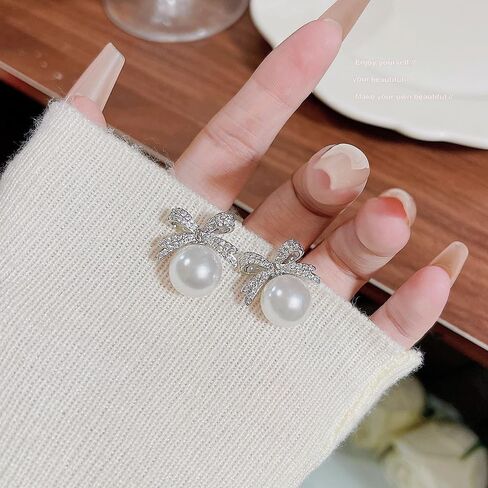 ONLYJUMP Sparkly Bow Earrings - Pearl & Crystal Rhinestone Tassel Dangling Earrings for Women in Saudi Arabia