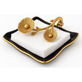 Bronze Gold Floral Napkin Holder Decor - Golden Brass Flower Detail & Black Reflective Tray, Paper Towel & Display Leaf, Two Tone for Weddings, Dinner Parties, Housewarming Gifts, Baroque Tray Basket in Kuwait