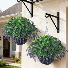 سلة تعليق من أوراق اللافندر والأوكالبتوس الاصطناعية من VIERENA - مجموعتان للديكورات الخارجية، سلة معلقة من الزهور المزيفة مقاومة للأشعة فوق البنفسجية للشرفة، حديقة المنزل، المزرعة، الطنف، ديكور الفناء in Kuwait