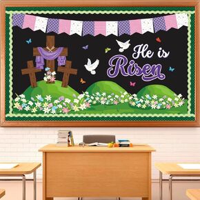 43 Pcs Easter Bulletin Board Decorations Set He Is Risen Easter Decor Cross Floral Paper Cutouts Religious Bulletin Boards Spring Classroom Decoration for Christian Sunday Home Church School Wall Door in Kuwait