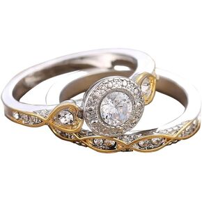 Vintage Two-Tone Statement Rings Set for Women, Classic Pear Round Cut Moissanite Wedding Bands 925 Sterling Silver Plated Travel CZ Engagement Bridal Promise Rings Sets for Her Size 6# in Kuwait