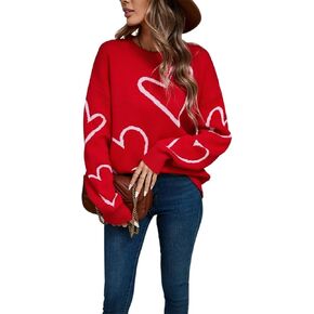 Valentines Sweater for Women Oversized Heart Print Color Block Knitted Pullover Sweater Cute Love Graphic Tops 2026 in Kuwait