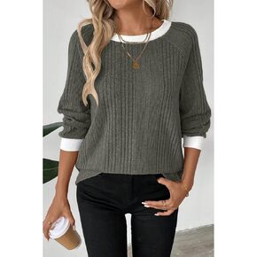 Women's Casual Long Sleeve Crewneck Pullover Top - Loose Fit Knitted Sweater Shirt for Fall Winter Fashion (Sage Green,Small) in Kuwait
