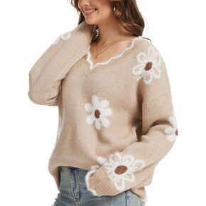 سترة نسائية منسوجة بالزهور برقبة على شكل حرف V، بلوفر ناعم بأكمام طويلة مع زخرفة صدفية كاجوال عصرية in Kuwait