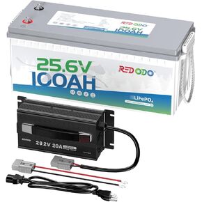بطارية Redodo 24V 100Ah Lithium LiFePO4 ومجموعة شاحن 29.2V 20A، 2560Wh، ما يصل إلى 15000 دورة، مثالية لمحرك التصيد، وRV، والبحرية، والقوارب والمنزل الشمسي in Kuwait