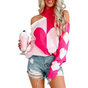 Seyumixi Women Heart Sweater Cold Shoulder Pullover Valentine Romantic Oversized Knitted Top Cute Love Print Sweaters in Kuwait