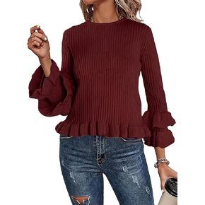 المرأة الخريف طاقم الرقبة كشكش البلوز البلوزات العصرية عادية 3/4 كم مضلع متماسكة سترة القمم in Kuwait