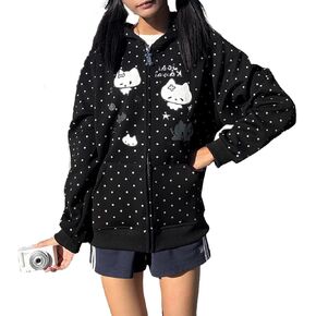 Y2K Kawaii Cat Ear Zip Up Hoodies Cute Cat Graphic Jacket مع جيب كارتون بولكا دوت سويت شيرت كبير الحجم in Kuwait