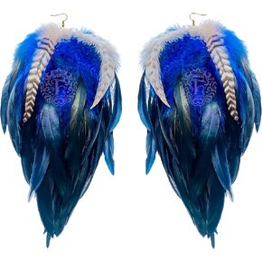 Navy Blue Boho Statement Dangle Handmade Layered Natural Feathers Lightweight Festival Party Jewelry 6"-8" Long Fashmorous in Saudi Arabia