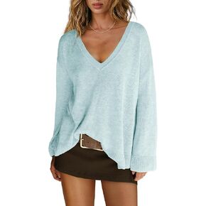 Panadila Women V Neck Oversized Sweaters Casual Off The Shoulder Sweater Knit Long Sleeve Tops Fall Outfits (Light Blue,L) in Kuwait