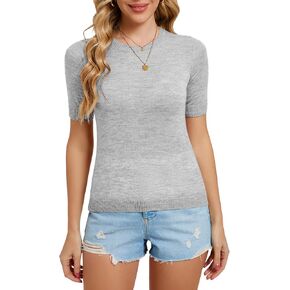 Women’s Short Sleeve Knit Top – Alpaca Wool Blend Ribbed Crewneck Pullover, Slim Fit Casual Tee for Spring & Summer in Saudi Arabia