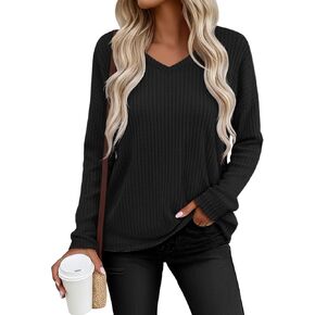 Women's V Neck Sweater Long Sleeve Knit Oversized Shirt Loose Lightweight Fall Casual Pullover Sweater Top in Kuwait