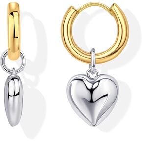 Chunky 14K Gold Plated and Silver Huggie Hoop Earrings For Women - Mixed Metal Two Tone Heart Dangle Earrings for Women Love Jewelry For Gift in Kuwait