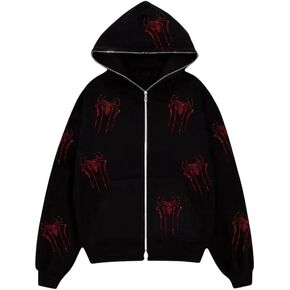 CEINOM أحجار الراين الأحمر العنكبوت Y2k هوديي الرجال النساء كامل زمم هوديي المتضخم سترة سوداء القوطية الشرير بلوزات in Kuwait