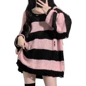 Y2K كنزات نسائية مخططة باللون الوردي هاراجوكو سترة محبوكة سوداء عتيقة الجرونج فتحة مثيرة مجوفة فضفاضة كل مباراة القمم in Kuwait