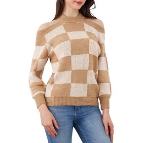 LemonGirl Off Shoulder Sweater Women Checkered Knit Pullover Round Neck Long Sleeve Autumn Casual Top in Kuwait