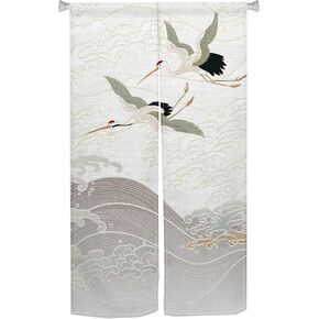 Noren Japanese Style Doorway Curtain Traditional Painted Wave Door Curtain Treatment Door Tapestry for Home Privacy Partition Kitchen Decoration(White, Cranes),33.5"x 70.9" in Kuwait