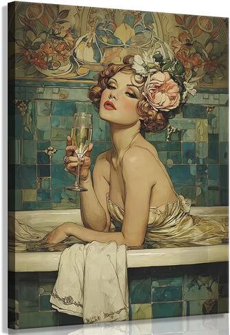 Vintage Bathroom Canvas Wall Art Woman With Champagne Picture Wall Decor Coquette Bathtub Poster Print Elegant Woman in a Bathtub Painting Artwork for Toilet Bar Home Decoration 12x16in Frame in Saudi Arabia
