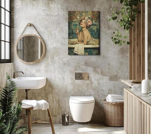 Vintage Bathroom Canvas Wall Art Woman With Champagne Picture Wall Decor Coquette Bathtub Poster Print Elegant Woman in a Bathtub Painting Artwork for Toilet Bar Home Decoration 12x16in Frame in Saudi Arabia