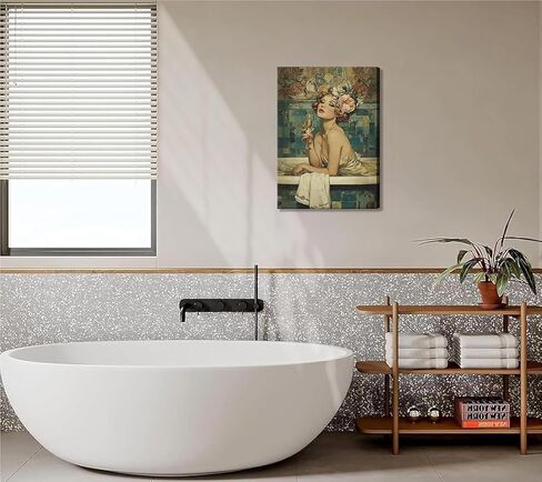 Vintage Bathroom Canvas Wall Art Woman With Champagne Picture Wall Decor Coquette Bathtub Poster Print Elegant Woman in a Bathtub Painting Artwork for Toilet Bar Home Decoration 12x16in Frame in Saudi Arabia