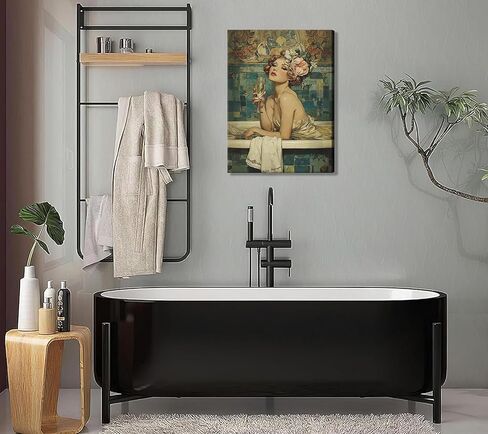 Vintage Bathroom Canvas Wall Art Woman With Champagne Picture Wall Decor Coquette Bathtub Poster Print Elegant Woman in a Bathtub Painting Artwork for Toilet Bar Home Decoration 12x16in Frame in Saudi Arabia