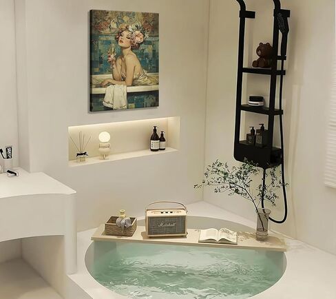 Vintage Bathroom Canvas Wall Art Woman With Champagne Picture Wall Decor Coquette Bathtub Poster Print Elegant Woman in a Bathtub Painting Artwork for Toilet Bar Home Decoration 12x16in Frame in Saudi Arabia