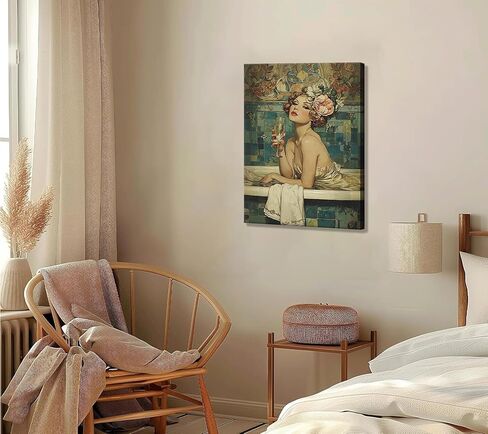 Vintage Bathroom Canvas Wall Art Woman With Champagne Picture Wall Decor Coquette Bathtub Poster Print Elegant Woman in a Bathtub Painting Artwork for Toilet Bar Home Decoration 12x16in Frame in Saudi Arabia
