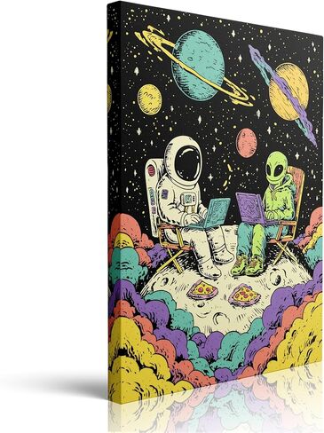 Astronaut and Alien with Laptops on Moon Funny Space Canvas Wall Art Framed Colorful Painting Prints Posters Artwork for Boys Room Kids Space Themed Wall Decor 12x16 Inches in Saudi Arabia