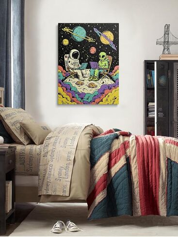 Astronaut and Alien with Laptops on Moon Funny Space Canvas Wall Art Framed Colorful Painting Prints Posters Artwork for Boys Room Kids Space Themed Wall Decor 12x16 Inches in Saudi Arabia