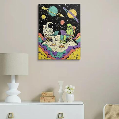 Astronaut and Alien with Laptops on Moon Funny Space Canvas Wall Art Framed Colorful Painting Prints Posters Artwork for Boys Room Kids Space Themed Wall Decor 12x16 Inches in Saudi Arabia
