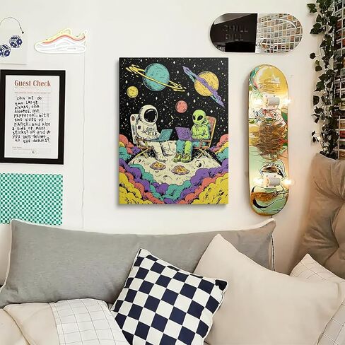 Astronaut and Alien with Laptops on Moon Funny Space Canvas Wall Art Framed Colorful Painting Prints Posters Artwork for Boys Room Kids Space Themed Wall Decor 12x16 Inches in Saudi Arabia