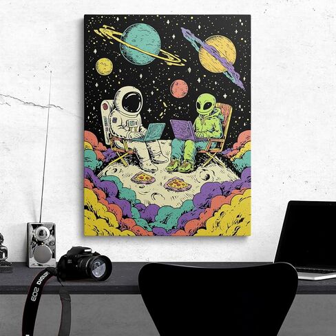 Astronaut and Alien with Laptops on Moon Funny Space Canvas Wall Art Framed Colorful Painting Prints Posters Artwork for Boys Room Kids Space Themed Wall Decor 12x16 Inches in Saudi Arabia