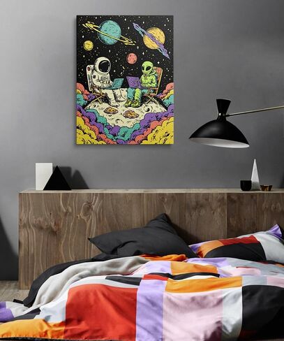Astronaut and Alien with Laptops on Moon Funny Space Canvas Wall Art Framed Colorful Painting Prints Posters Artwork for Boys Room Kids Space Themed Wall Decor 12x16 Inches in Saudi Arabia