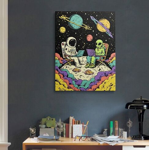 Astronaut and Alien with Laptops on Moon Funny Space Canvas Wall Art Framed Colorful Painting Prints Posters Artwork for Boys Room Kids Space Themed Wall Decor 12x16 Inches in Saudi Arabia