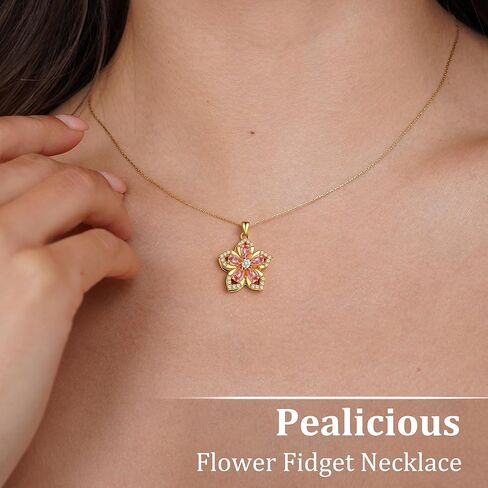 Flower Fidget Necklace 14k Gold-Plated Rotatable Pink Crystal Flower Necklaces for Women Anxiety Relief Fidget Jewelry Adjustable Cubic Zirconia Floral Choker Jewelry Summer Gifts for Her in Kuwait
