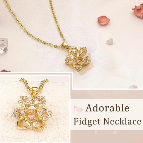Flower Fidget Necklace 14k Gold-Plated Rotatable Pink Crystal Flower Necklaces for Women Anxiety Relief Fidget Jewelry Adjustable Cubic Zirconia Floral Choker Jewelry Summer Gifts for Her in Kuwait