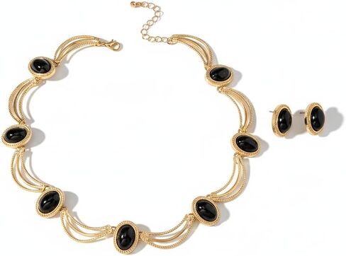 18K Gold Plated Black Oval Gemstone Jewelry Set for Women, Vintage French Style Choker Necklace and Stud Earrings, Retro Geometric Statement Jewelry for Weddings, Galas, and Formal Events in Saudi Arabia