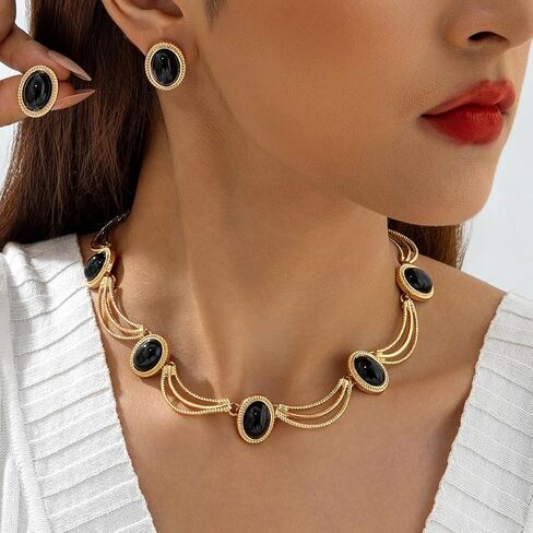 18K Gold Plated Black Oval Gemstone Jewelry Set for Women, Vintage French Style Choker Necklace and Stud Earrings, Retro Geometric Statement Jewelry for Weddings, Galas, and Formal Events in Saudi Arabia