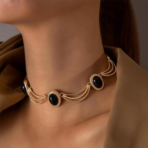 18K Gold Plated Black Oval Gemstone Jewelry Set for Women, Vintage French Style Choker Necklace and Stud Earrings, Retro Geometric Statement Jewelry for Weddings, Galas, and Formal Events in Saudi Arabia