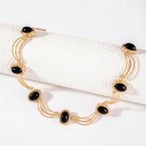 18K Gold Plated Black Oval Gemstone Jewelry Set for Women, Vintage French Style Choker Necklace and Stud Earrings, Retro Geometric Statement Jewelry for Weddings, Galas, and Formal Events in Saudi Arabia