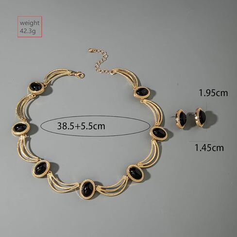 18K Gold Plated Black Oval Gemstone Jewelry Set for Women, Vintage French Style Choker Necklace and Stud Earrings, Retro Geometric Statement Jewelry for Weddings, Galas, and Formal Events in Saudi Arabia