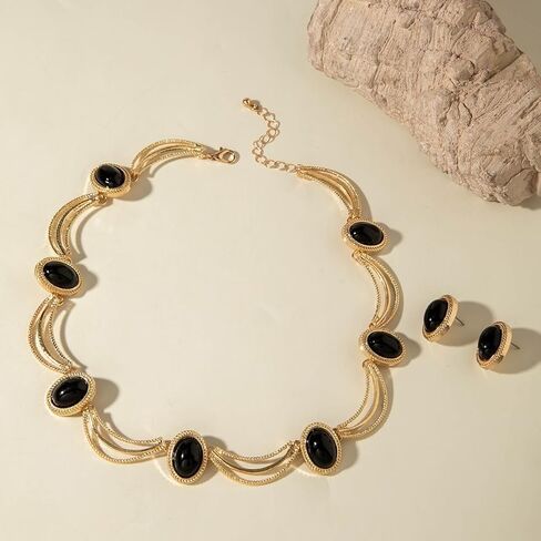 18K Gold Plated Black Oval Gemstone Jewelry Set for Women, Vintage French Style Choker Necklace and Stud Earrings, Retro Geometric Statement Jewelry for Weddings, Galas, and Formal Events in Saudi Arabia