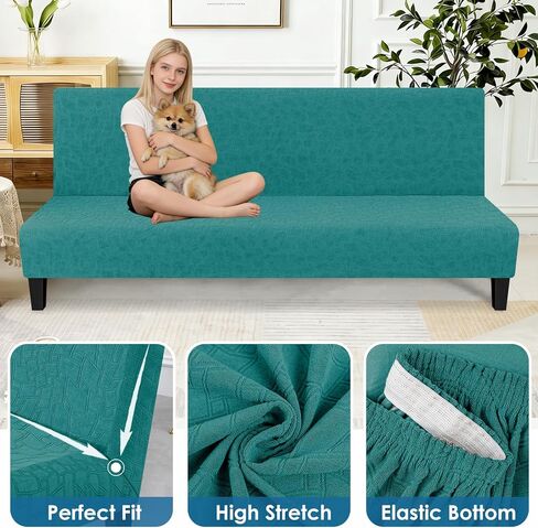 MAXIJIN Waterproof Futon Cover Full Size Washable Armless Sofa Bed Couch Cover Stretch Jacquard Futon Slipcovers Furniture Protector with Non-Slip Elastic Bottom (67"-82", Blackish Green) in Saudi Arabia